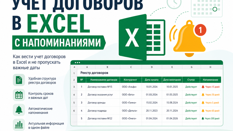 Учет договоров в Excel с напоминаниями